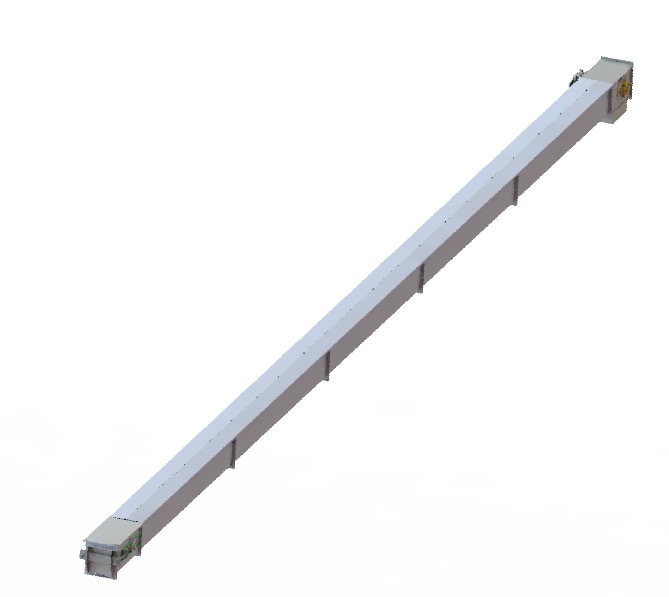 Chain conveyor KT300 from the sieve to the hopper. The width of the conveyor is 320 mm, the dimensions of the moving blade are 300 x 95 mm, which are connected with one M80x100 chain. The maximum conveyor capacity is 15 m3 / h, the maximum chip size is G100 and the maximum chip density is 250 kg / h. Two such conveyors can be mounted on the system. chip density 380kg / h.